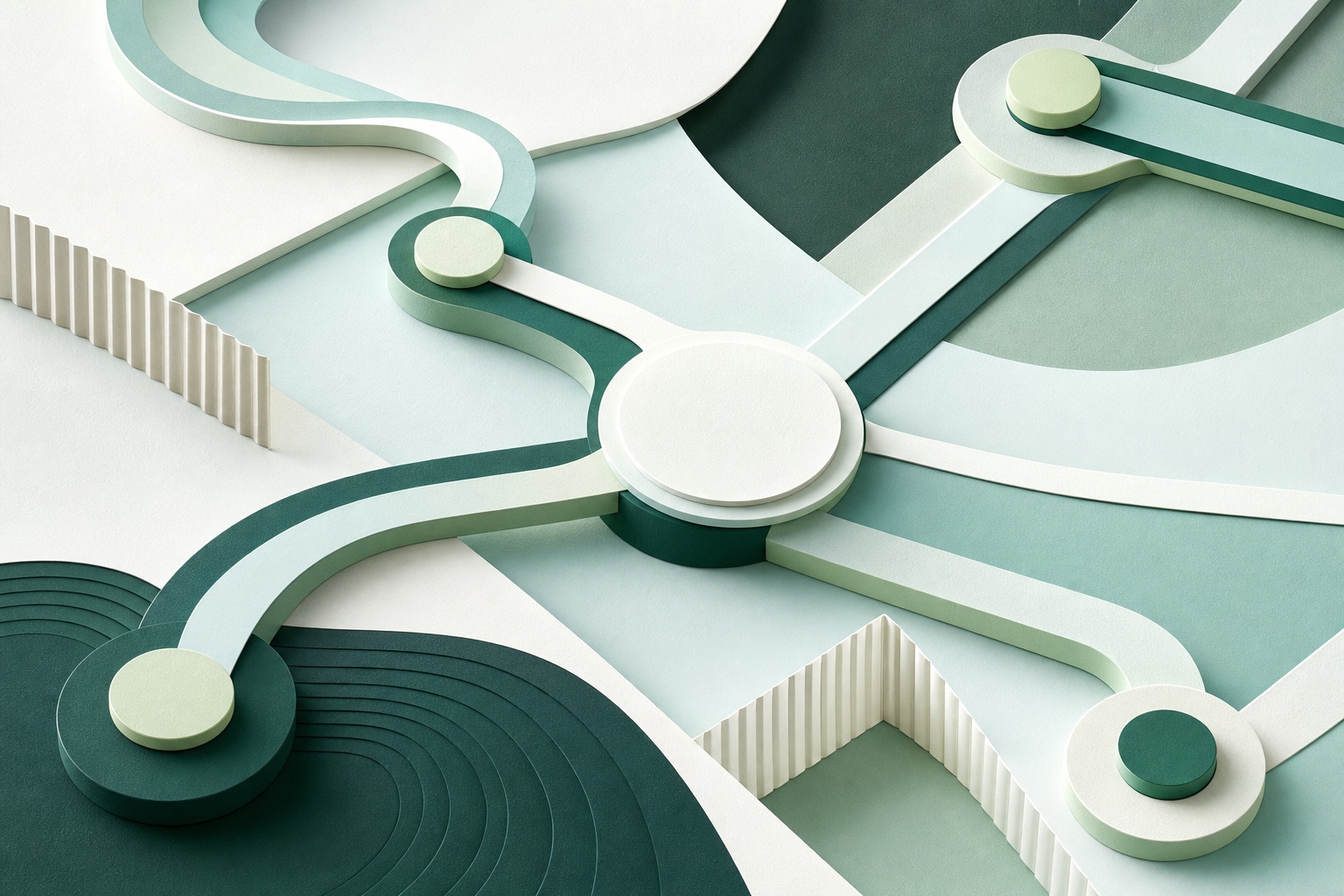 Abstract green and cream pathways connecting a series of circular checkpoints.